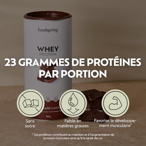 foodspring - Poudre de protéines whey Chocolat - Avec 21 g de protéines de croissance musculaire, solubilité parfaite, ultra-filtrée et riche en BCAA et EAA - goût complet et délicieux (750 g) – Image 3