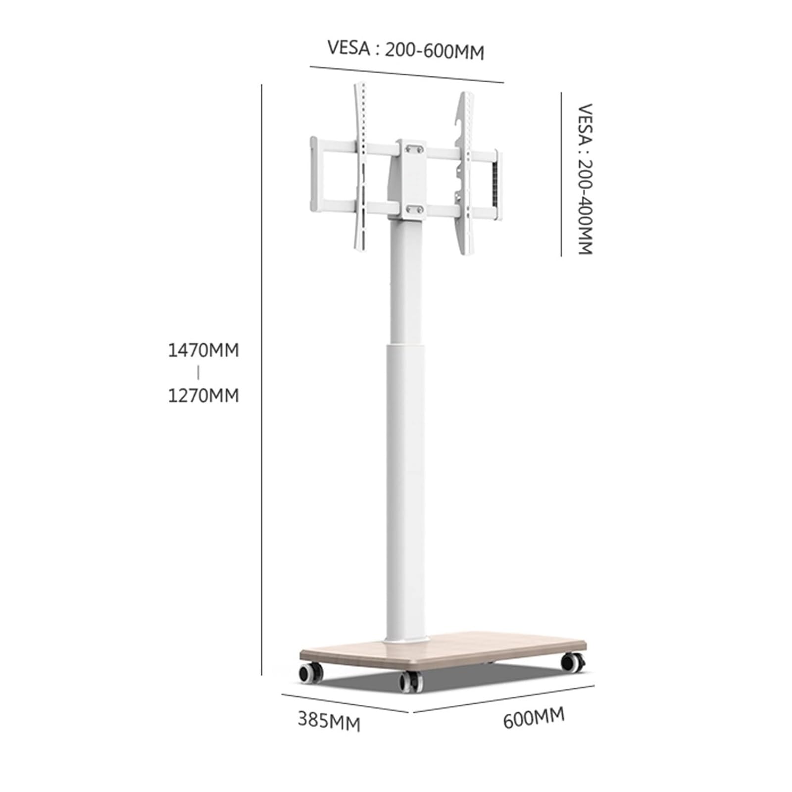 Supporto TV mobile con ruote - Supporto da pavimento per TV LCD, altezza regolabile con base portaoggetti, per TV da 37 a 75 pollici, spaziatura dei fori di supporto inferiore a 600 x