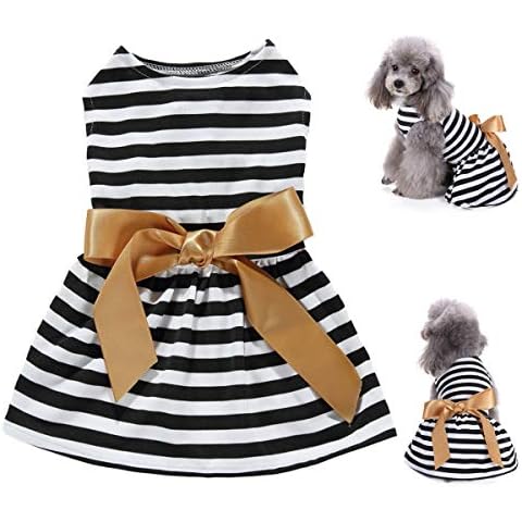 LKEX Dog Dresses Girl Shirt Pet Black and White Stripe Princess Doggie Skirt Party Birthday Cat Apparel for Small/Medium Dogs Spring Summer Sundress S Cover