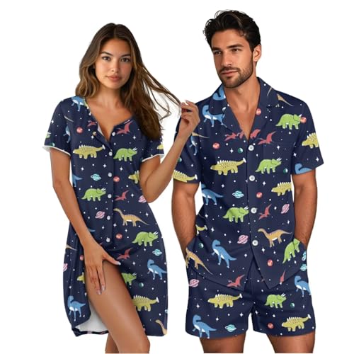 Liuqpwys Space Dinosaur His and Hers Pajamas Sets Fashion Versatile Elegant Couple Pajamas Set for Home All-day Comfort Front Placket Daily Home Wear for Women and Men