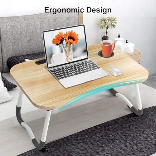 Image of Study Table Foldable Wooden Laptop Bed Tray Table, Multifunction Lap Tablet Desk with Cup Holder, Perfect for Eating Breakfast, Reading Book, Working, Watching Movie On Bed(Brown Drawer)