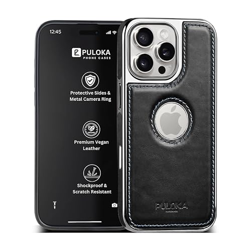 Image of PULOKA Chrome Leather Back Case - Compatible with iPhone 16 Pro- Luxury Bumper Case - Flexible Vegan Leather - Electroplated Sides & Logocut - Full Camera Protetection & Raised Edges - Black