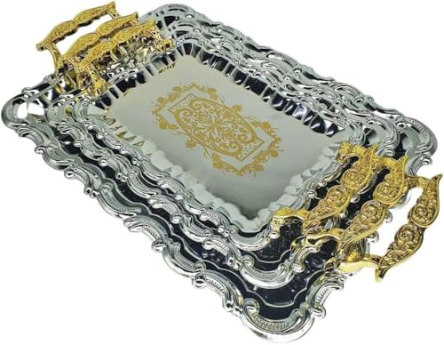 Image of MARTVIA Luxury Serving Tray Set of 3,Crystal Stainless Steel Tray, with Golden Design and Handle Serving for Party Glass, Home Wedding Decor for Gift Set (MV-15)
