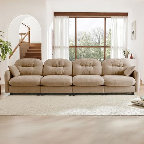 Image of KEIKI 140 inch Oversized Chenille Modular Sectional Sofa with High-Density Foam Cushion and Tufted Pleated Cushion Backrest, Upholstered Modern 4-Seater Cloud Couch with 2 Pillow, for Living Room, Camel