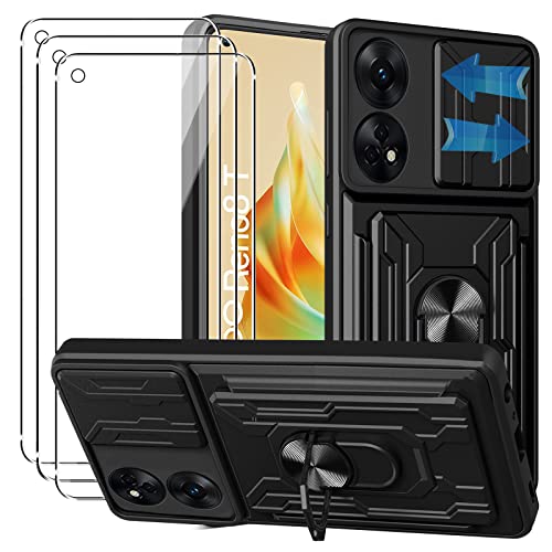 Funda OPPO Reno 8T 4G/Reno8 T 4G + 3× Cristal Templado,[Tapa Deslizante para la cámara] Anti-Choque con 360 Grados Magnetic Anillo Hard PC y Silicona TPU Bumper antigolpes Case,Negro