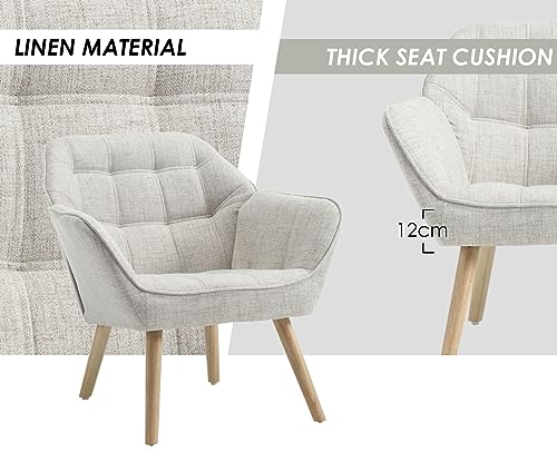 chairus 2er Set Gepolsterter Armlehnensessel Leinen Einzelsofa Loungesessel für Wohnzimmer Modern Armlehnstuhl mit Holzbeinen (Beige-2) – Bild 5
