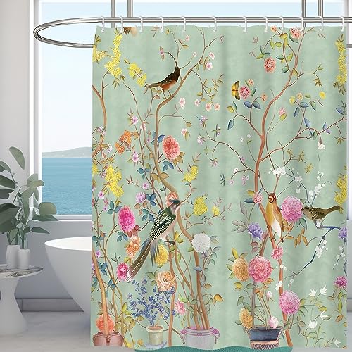 Minicoco Mould Proof Resistant Wet Room Shower Curtain 100% Polyester Waterproof Bathroom Curtain Floral Scenery with 12 Hooks