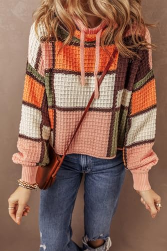 Women's Orange Color Block Waffle Knit Mock Neck Sweater3