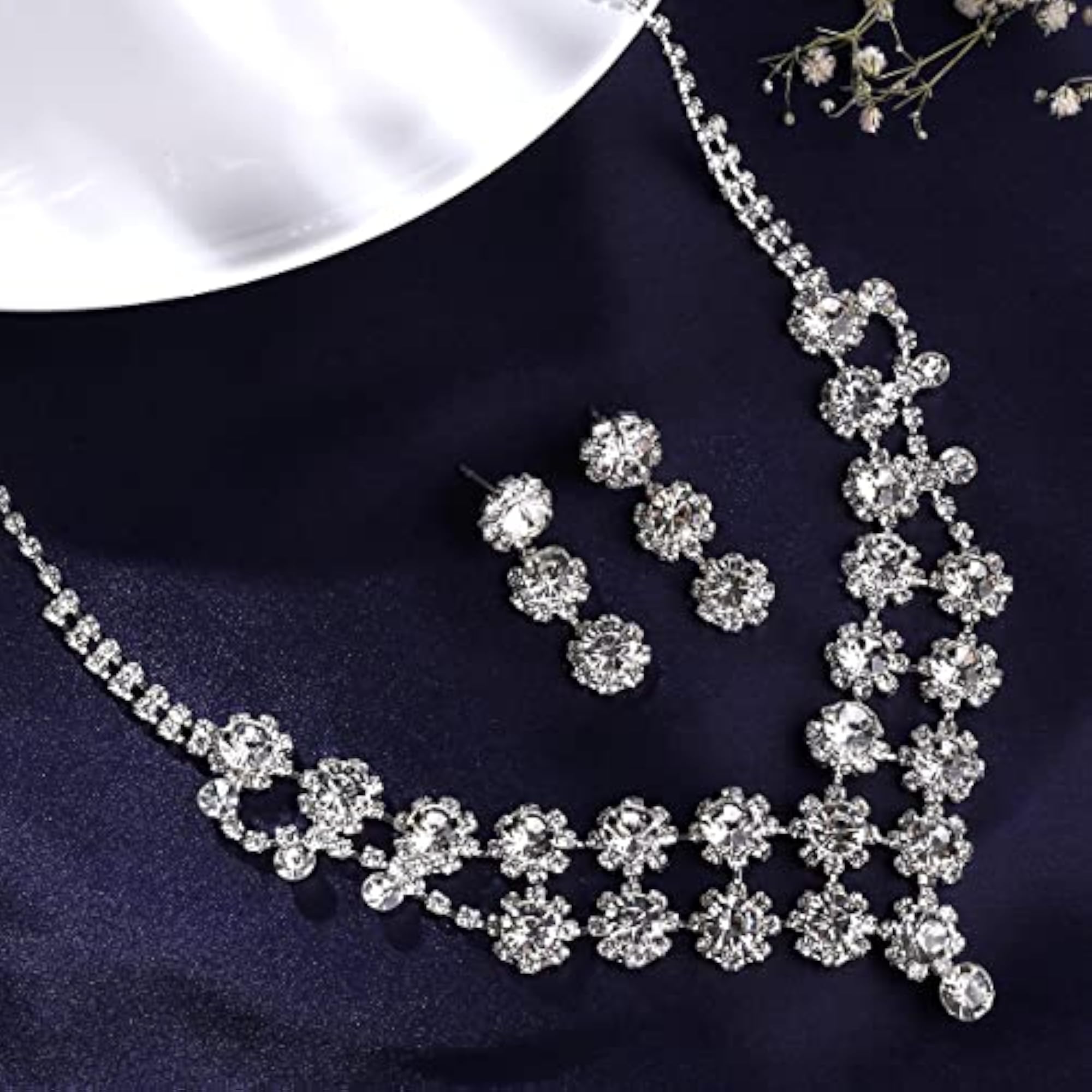 Silver Toned White Drop Chain Designed Necklace Set with Earrings