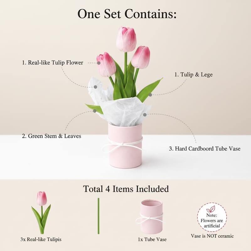 Image of Artificial Tulip Flowers with Vase for Home Decor | Real Look Pink Tulip Bouquet | Table Centerpiece, Living Room, Office Desk Decoration | Gift for Birthday, Anniversary, Housewarming