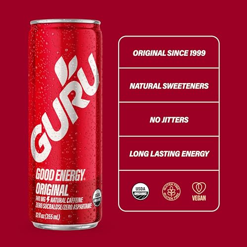 Image of GURU Energy Drink Original, Organic Sparkling Energy DrinK, 140 MG Natural Caffeine for Workouts, Performance & Midday Boost, Plant Based, Gluten Free, Vegan, 12 Fl Oz, 24 Pack