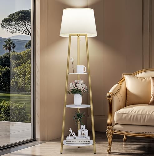 Vrygle piantana lampada da terra 150 cm con Ripiani Portaoggetti Materiale in pietra sinterizzata oro 3 Temperature di Colore 1xE27 8W