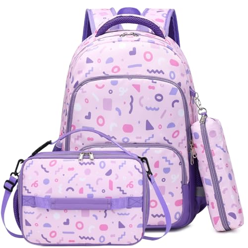 mygreen 3PCS Kids Backpack Set - Waterproof Bookbag with Lunch Box for Girls Ages 3-12, Adorable Cartoon Prints for School & Outdoor Use Purple