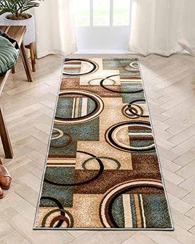 Deco Rings Light Blue Geometric Modern Casual 2x7 (2'3" x 7'3" Runner) Area Rug Easy to Clean Stain/Fade Resistant Shed Free Abstract Contemporary Color Block Boxes Lines Soft Living Dining Room Rug