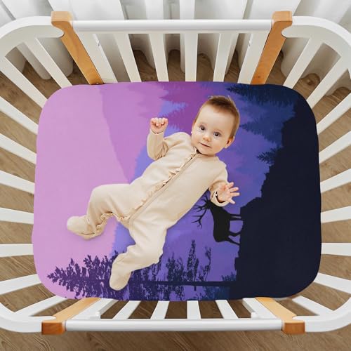 Image of Crib Sheet Breathable Soft Crib Mattress Sheet for Baby Toddler Boys Girls Fitted Crib Sheet Fit Standard Crib Mattress 52 x 28 Inch Purple Stag Forest Trees