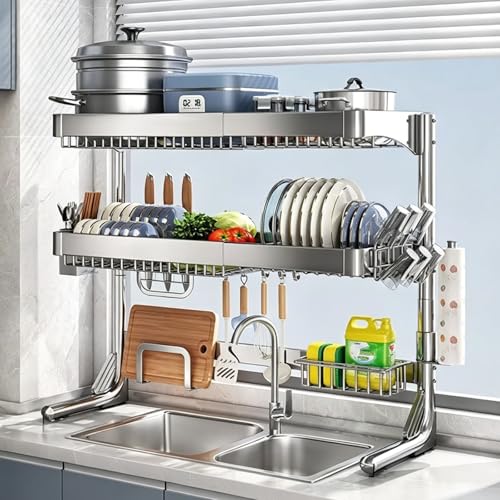 Escurridor de platos de acero inoxidable, 1/2 nivel expandible sobre el fregadero de la cocina, ahorra espacio