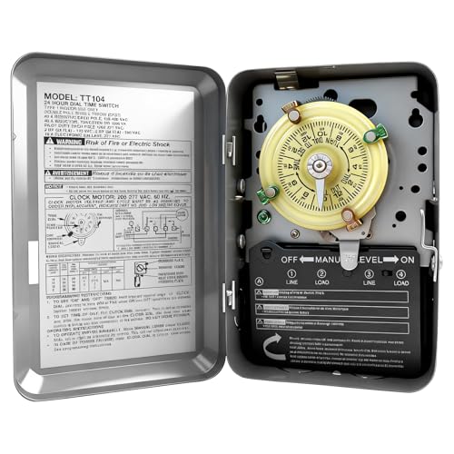 T104 Mechanical Timer Switch, 208–277 VAC 40 Amp,Pool Pump Switch, 24 Hour 12 ON/Off for Pump, Heavy Duty Pool Timers Outdoor, Timer for Lights HVAC Systems, 5 Years Warranty