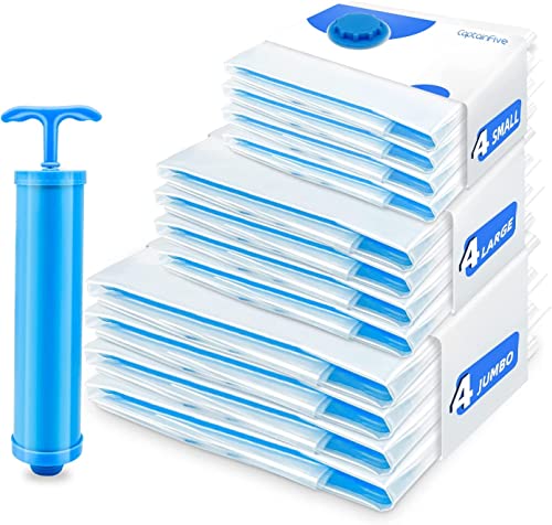 Captainfive Vacuum Bags for Clothes, Duvets, Pack of 12, 3 Sizes (4 x 100 x 80 cm + 4 x 80 x 61 cm + 4 x 60 x 41 cm) Vacuum Clothes Bag Storage Bag Travel with Vacuum Cleaner Hand Pump