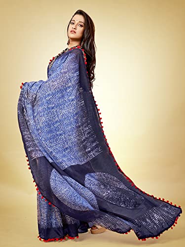 Image of AKHILAM Women's Ikat Cotton Blend Embellished Pom Pom lace Work Saree With Unstitched Blouse Piece (PUMPUM10A SR1 P)