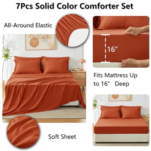CozyLux King Comforter Set Burnt Orange, 7 Pieces Bed in a Bag Terracotta Comforter Set with Sheets, All Season Boho 7PC Bed Sets with Comforter, Fitted Sheet, Flat Sheet, Pillow Shams and Pillowcases