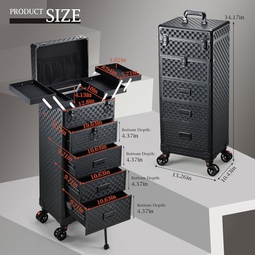 Stagiant Rolling Makeup Case with Drawers Cosmetology Case on Wheels 5 IN 1 Makeup Case 4 Drawers with Foot Stand Spring-release Mechanism Rolling Make Up Organizer for Artist Salon Nail Teach Trunk