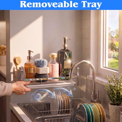 Image of Large Stainless Steel Sink Organizer for Kitchen Basin | Stainless Steel & Washroom Organizer with Drain Tray | Wall Mounted Soap Stand & Sponge Holder | Kitchen Sink Rack | Silver