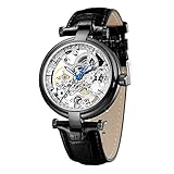 CARLIEN Skeleton Automatic Steampunk Watches Gold-Tone Luminous Hands Leather Strap Wrist-Watch (Silver)