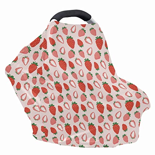 Image of Coldinair Strawberry Pink Car Seat Cover for Babies Girls,Soft Stretchy Nursing Cover,Breathable Infant Carseat Canopy,Shopping Cart /High Chair /Stroller Covers