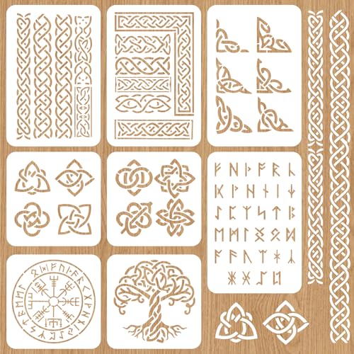 INFUNLY 8 Pcs Viking Symbol Stencils for Painting Rune Wall Stencil Celtic Border Painting Stencil Reusable PET Ancient Alphabet Wall Templates for Mancave Cabin Garage Decor DIY Project