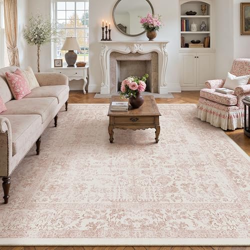 Pink Area Rug 8x10 Machine Washable Large Vintage Living Room Distressed Non Slip Carpet Traditional Indoor Bedroom Retro Floral Accent Throw Rug for Office Kitchen Dining Room