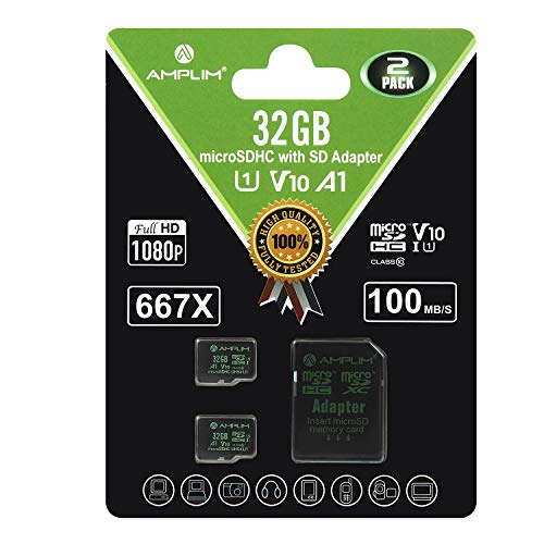 Amplim Micro SD Card 32GB, 2 Pack MicroSD Memory Plus Adapter, MicroSDHC Class 10 UHS-I U1 V10 TF Extreme High Speed Switch, Hero, Raspberry Pi, Phone Galaxy, Camera Cam, Tablet, PC