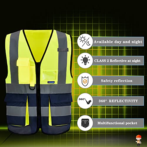 Image of Reflective Construction Vest, 7 Pockets, Zipper, Yellow /Navy, 3XL | Yellow /Navy 3XL fabric work vest with reflective strips and 7 pockets for airport ground crews and warehouse logistics.