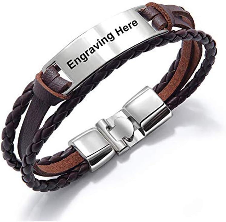 XiXiLeather Bracelet Personalized Braided Rope Bracelet Engraved with Names Customized Stainless Steel Bracelet for Men Boyfriend Father Husband