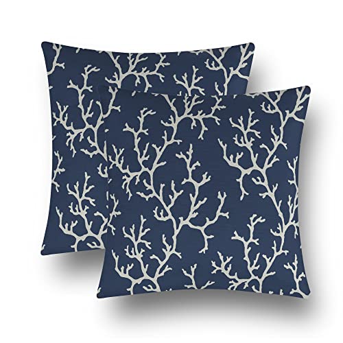 Nautical Coastal Throw Pillow Covers Set of 2 Ocean Beach Themed Coral Branch Sofa Pillowcase Decorative Sea Life Couch Cushion Cover for Bedroom Living Room, 18" x 18", Navy Blue