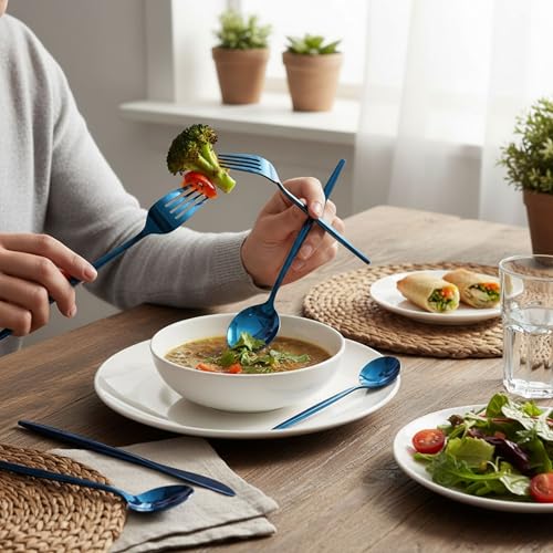 Image of 15 Pcs Blue Cutlery Set for Dining Table the Perfect Lightweight Silim Handle Tableware Including Dinner Spoon, Dinner Fork, Dinner Knife, Dessert Spoon & Dessert Fork