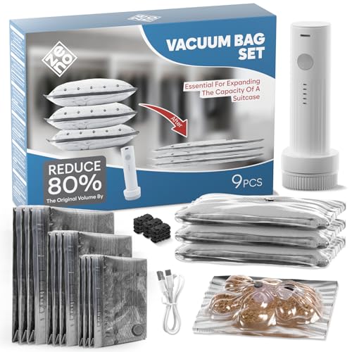 Bolsas de Vacío para Ropa Grande - Saco de Vacio para Viaje con Bomba Eléctrica Inalámbrica - 9 Bolsas al Vacío para Ropa (3 pequeñas, 3 medianas, 3 grandes) - Reutilizables