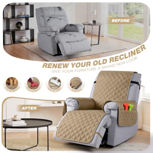 Image of TAOCOCO 100% Waterproof Recliner Covers, Reversible Recliner Couch Cover for Reclining Chair, Washable Couch Protector for Pets Kids (1 Seater, 28 inch, Camel)