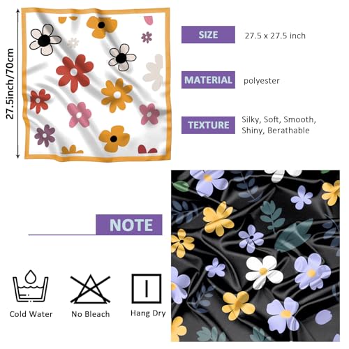 2PCS Scarf Silk Feeling Satin Head Hair Wrap Lightweight Large Square Fashion Cute Aesthetic 27.5 Inches for Women-Flowers2