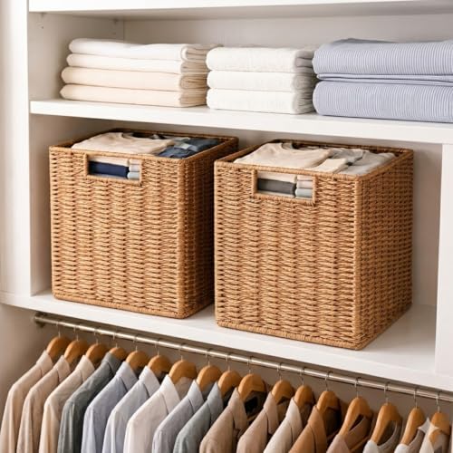 2 Pack Wicker Baskets for Storage, No Assembly Required, Handwoven Rattan Shelf Baskets with Handles, Decorative Storage Bins for Closet, Pantry, Toys & Blankets