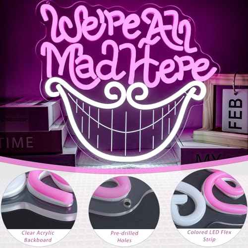 Image of Mad Hatter's Tea Party Neon Sign We're All Mad Here Inspirational Light for Wall Art Decor Cheshire Cat's Grin Neon Sign Unique Wall Decor for Book Lovers and Movie Fans Birthday Party Gifts 12.8*11.3