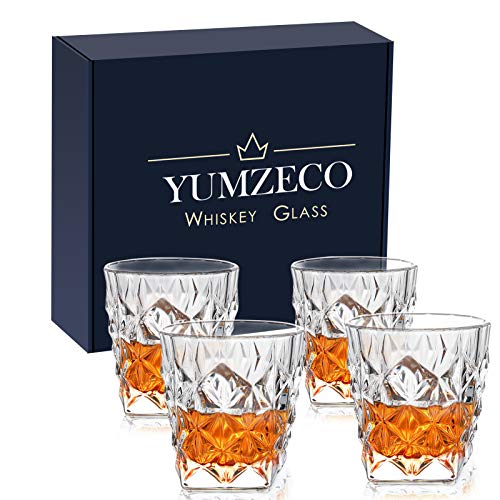 Yumzeco Whiskey Glasses Set 4, Old Fashioned Whiskey Glass in Luxury Gift Box, Rocks Glasses, Diamond Crystal Glassware, Whiskey Tumblers for Scotch, Bourbon Whiskey, Cocktails, Cognac(11 oz)
