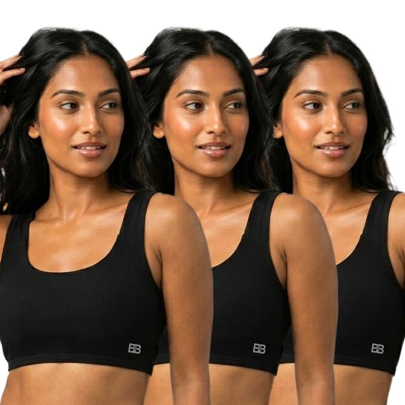 Ladies Cotton Blend Workout Sports Bra Wire Free Pad Insert U Neck Training Yoga Running Bra Medium Support (Pack of 3) Black-image-34