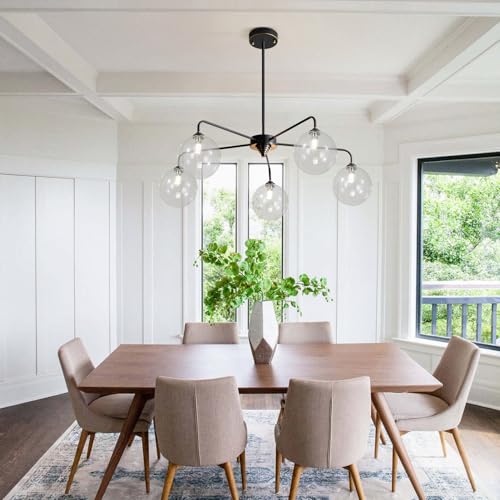 Image of Mid Century Modern Sputnik Chandelier 5 Light Black Chandelier Clear Glass Globe Sputnik Chandelier for Dining Room Bedroom Kitchen