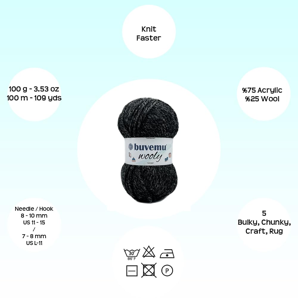 Wooly Soft Fluffy Bulky Weight #5 Wollmischgarn, schnelles Stricken, Häkelgarn, 25 % Wolle, 75 % Acryl, 100 g, 100 m (Schwarz Melange)