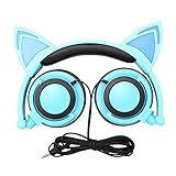 Cat Ear Kids Headphones,DICEKOO Flashing Glowing Cosplay Fancy Cat Ear Headphones Foldable Over-Ear Gaming Headsets Earphone with LED Flash Light for Girls Boys Phone Tablet (Blue)