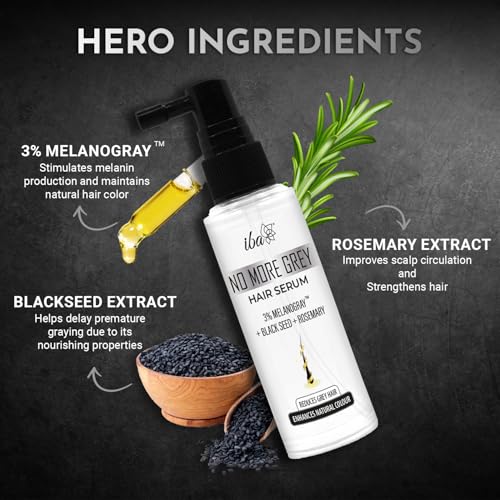 Image of Iba No More Grey Hair Serum, 45ml | 3% MelanoGray + Blackseed + Rosemary | Reverses & Limits Greying | Enhances Natural Color | Reduces Grey Hair | Light-Weight & Non-Sticky | For Men & Women | All Hair Types