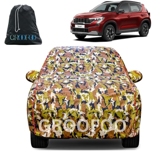 Image of GROOFOO Waterproof Car Body Cover with Mirror Pockets Compatible with Kia Sonet | Triple Stitch Blue Piping Car Cover UV & Dust Proof All-Weather Protection, Adjustable Buckle (Army and Red)