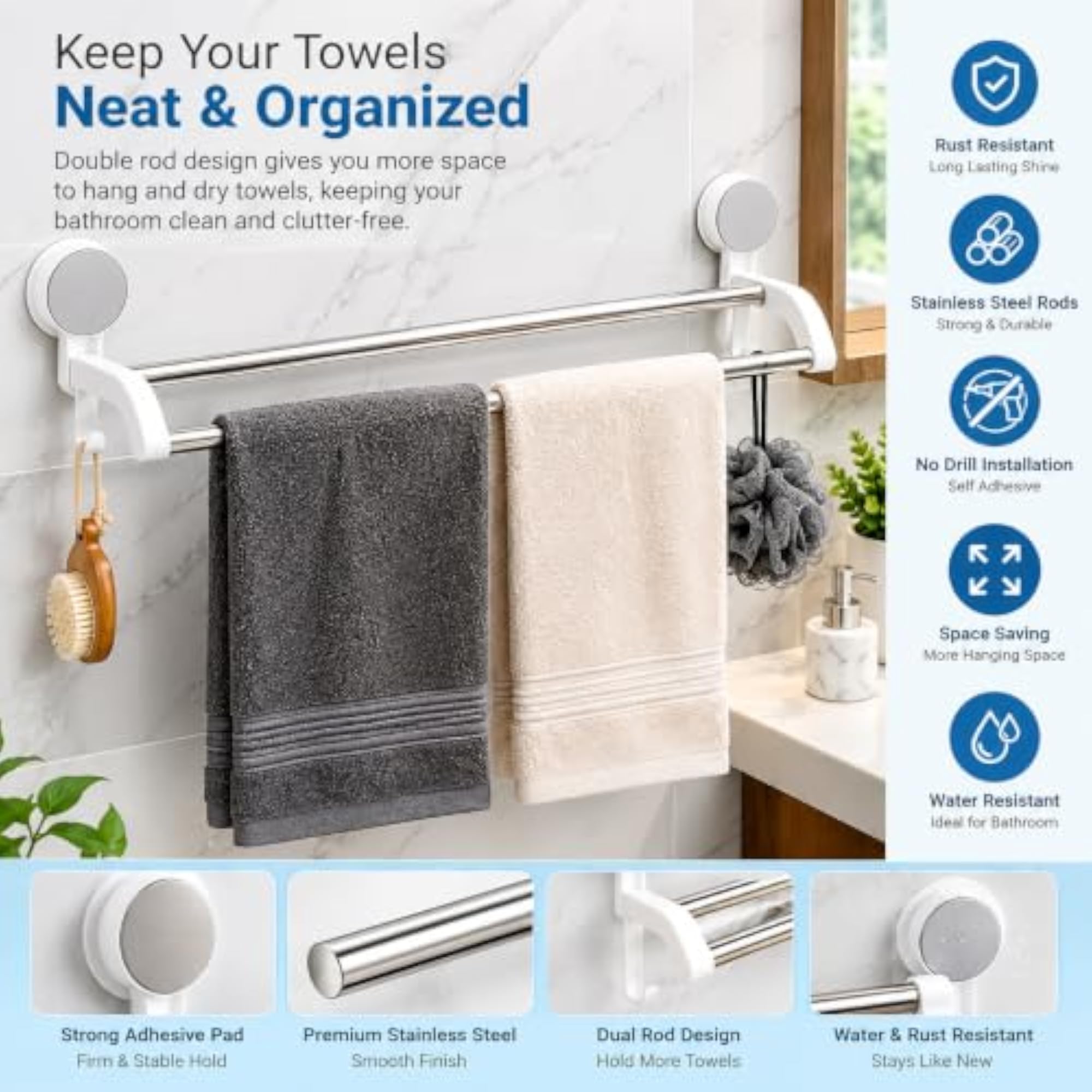 Double Towel Bar for Bathroom, Space-Saving Design