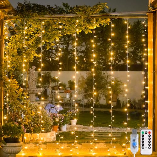 Image of JMEXSUSS USB Plug in Curtain Lights 200 LED with 8 Modes, 6.5ftx6.5ft | Remote, Warm White Curtain Fairy Lights, String Lights for Bedroom, Classroom, Dorm, Wedding, Xmas, Party Decor