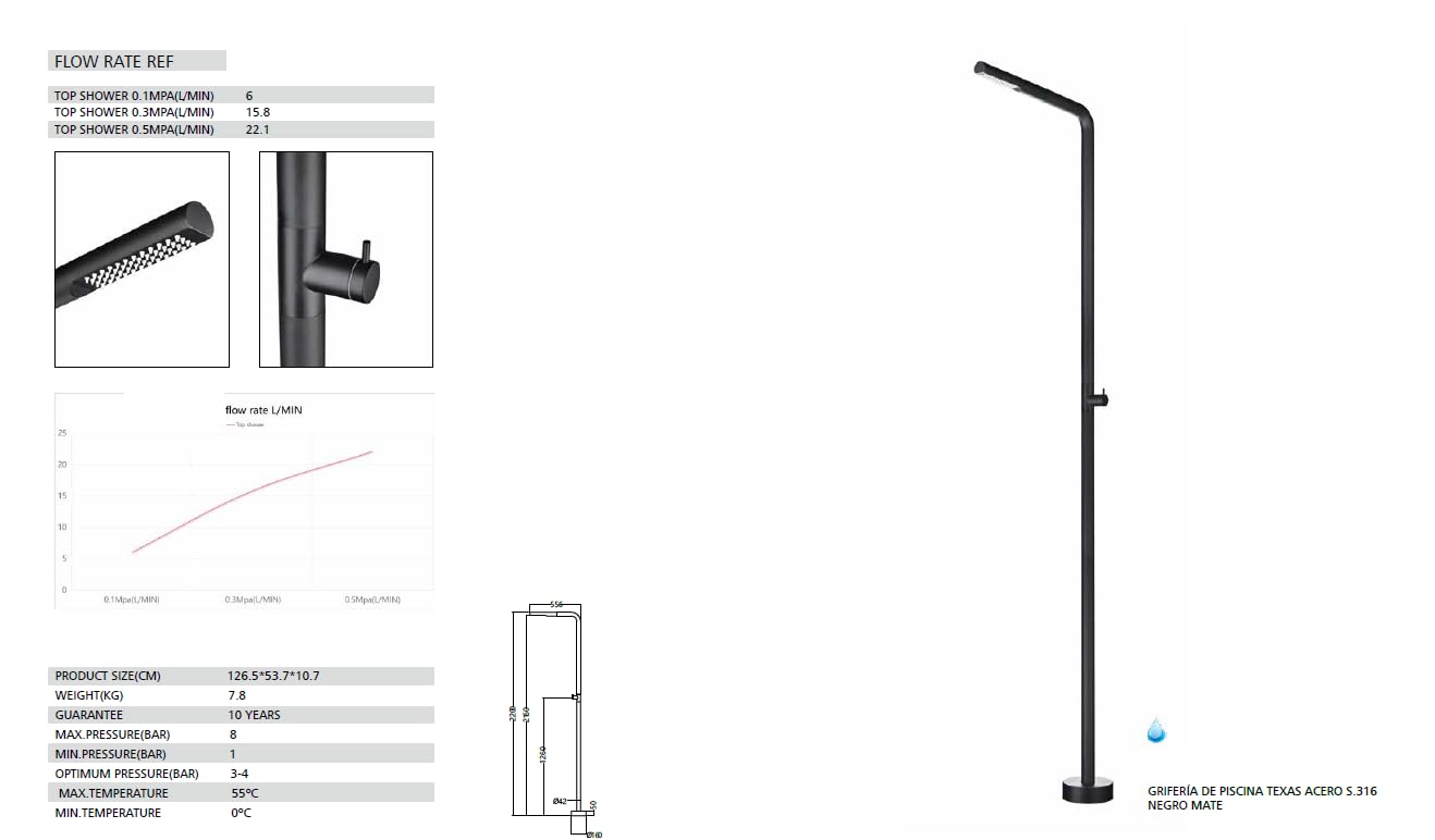 Mice - Ducha exterior para Piscina - Jardin - SPA con Rociador Tubular de 42mm con una altura 220 cm de acero inoxidable S316 Monofluido de 1 Via Agua Fria Color Negro Mate